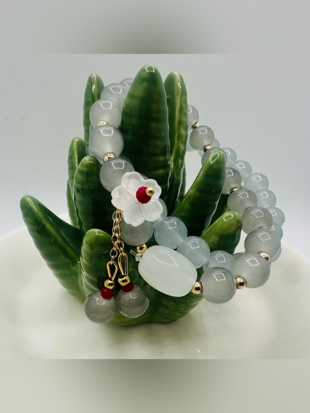 Jade Style Glass Beads with Floral Charm gray bracelet - set of two